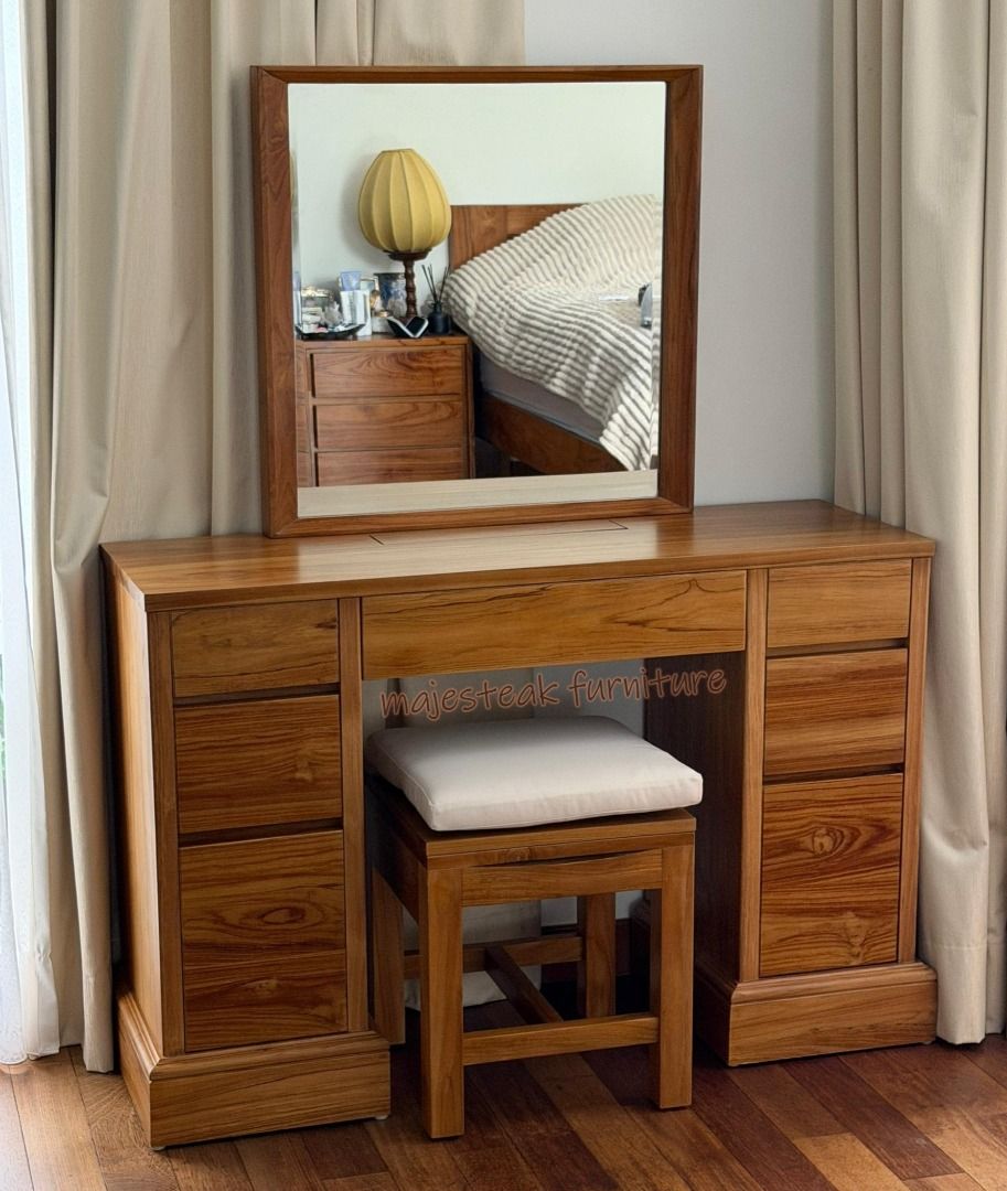Dressing Table (Category: Tables & Sets) located in Petaling Jaya. Submitted by themajesteak.com (Listing ID 1433834821, Image 1). Description: This cozy vanity setup is all about warm tones, soft textures, and natural light. Wooden furniture, and an organized makeup station create a calm, aesthetic space perfect for slow mornings and self-care routines. Ideal inspiration for bedroom décor lovers who want a functional yet beautiful makeup corner.