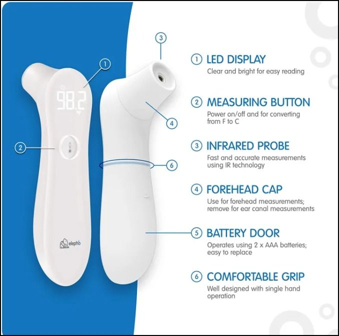 Elepho eTherm Infrared Ear & forehead Thermometer (Category: Thermometers) located in Paranaque City. Submitted by urbangiz_amb (Listing ID 1433893286, Image 2). Description: Elepho eTherm Infrared Ear & Forehead Thermometer Easy, Precise Temperature in ºF/ºC for The Whole Family. Compact, Lightweight. Readings in Seconds. Perfect for All Ages; Babies, Infants & Adults. ACCURATE TEMPERATURE MEASUREMENT Take temperature measurements in just 1 seco