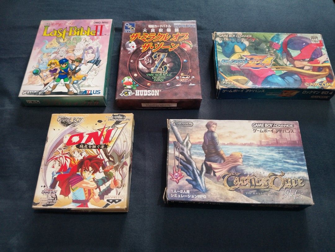 Game Boy/Game Boy Advance Games (Category: Nintendo) located in Manila. Submitted by boyhet.thrift15 (Listing ID 1433852131, Image 1). Description: - Game Boy and Game Boy Advance game collection. - Includes: Last Bible II, The Miracle of Zone, Mega Man Zero 4, Oni V, and Tactics Ogre (the knight of Lodis) - All games are complete. - Includes original boxes and manuals. - Perfect for collectors! - Message for individual prices or offers. 1,Last B