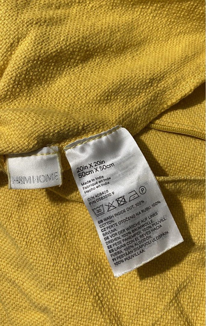 H&M cushion covers (Category: Cushions & Throws) located in Mandaluyong City. Submitted by aiztyle (Listing ID 1433825686, Image 3). Description: H&M Yellow boho cushion/ throw pillow covers Available: 4 pcs. Measurement: 50” x 50” For TAKE ALL only Selling all for the price of 1 @ Php380.00 only Note: 2 of it got tolerable flaws as shown on the last 2 posted photos..