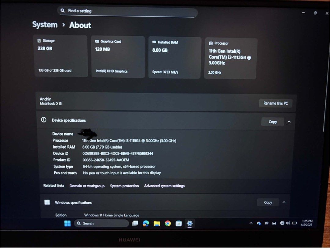 Huawei Matebook D15 Laptop (Category: Laptops & Notebooks) located in Manila. Submitted by railey_29 (Listing ID 1433855355, Image 2). Description: - Huawei Matebook D15 - Intel Core i3-1115G4 Processor - 8GB RAM - 238GB Storage - Windows 11 Home Single Language - Intel UHD Graphics - Silver Color - Built-in Keyboard & Touchpad - Screen condition visible in photos.