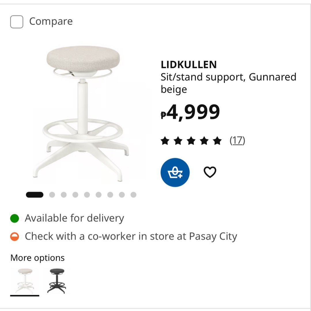 IKEA LIDKULLEN Modern Bar Stool (Category: Chairs) located in Manila. Submitted by ziarich (Listing ID 1433839553, Image 2). Description: - IKEA LIDKULLEN sit/stand stool - Gunnared beige seat with white frame - Adjustable height - Circular seat - Includes footrest - Ergonomic design - Ideal for standing desks or general seating.