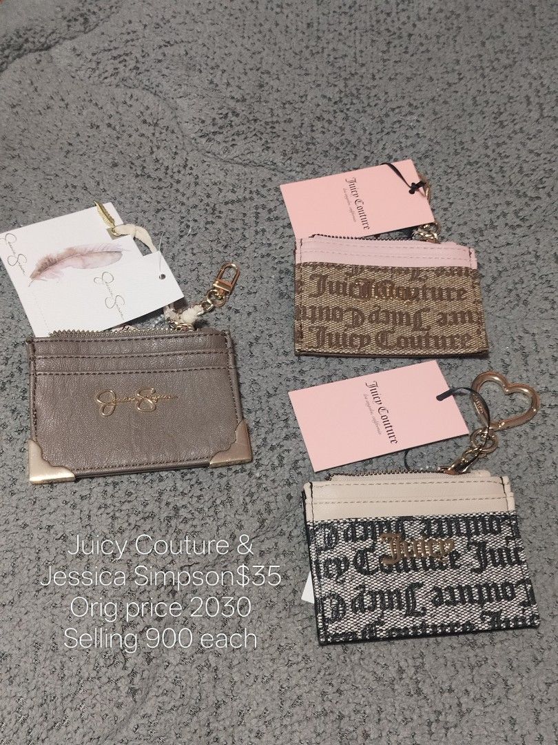 Authentic Juicy Couture & Jessica Simpson Cardholder (Category: Wallets & Card holders) located in Taytay. Submitted by aavyaandnin (Listing ID 1433828356, Image 1). Description: - Authentic Juicy Couture & Jessica Simpson cardholders - Features Juicy Couture logo - Selling for ₱900 each (Original price: ₱2030) - Includes a keychain - Perfect for cards and small essentials - Stylish and functional accessory - Available in multiple designs.