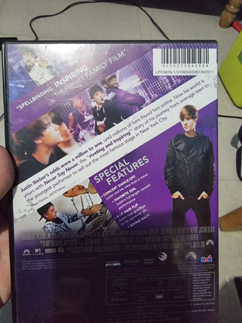 Justin Bieber Never Say Never DVD (Category: CDs & DVDs) located in Villaverde. Submitted by ejaythrift (Listing ID 1433931010, Image 2). Description: - "Justin Bieber: Never Say Never" DVD - Follows Justin Bieber's rise to fame - Includes special features - Family-friendly movie - Standard DVD case.