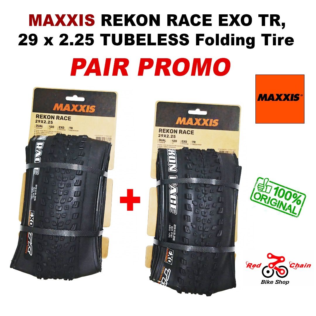 MAXXIS REKON RACE 29 x 2.25 2C EXO TR, Folding Tire for MTB (Category: Bicycles) located in Malay. Submitted by redchain (Listing ID 1195229708, Image 2). Description: 🔥 MAXXIS REKON RACE 29 x 2.25 2C EXO TR, Folding Tire for MTB 🎯 PHP 1,890 / TIRE ... the fast and light XC Tire! ✅ Folding Tire ✅ Dual Compound ✅ Tubeless Ready Tire ✅ EXO Anti-Puncture Feature ✅ Carcass: 120 TPI ✅ Weight 740 grams ✅ Color Black ✅ Recommended rim width: 25-35 mm 