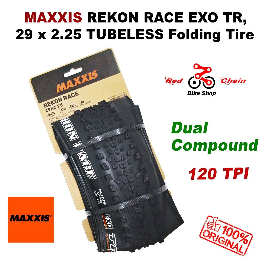 MAXXIS REKON RACE 29 x 2.25 2C EXO TR, Folding Tire for MTB (Category: Bicycles) located in Malay. Submitted by redchain (Listing ID 1195229708, Image 1). Description: 🔥 MAXXIS REKON RACE 29 x 2.25 2C EXO TR, Folding Tire for MTB 🎯 PHP 1,890 / TIRE ... the fast and light XC Tire! ✅ Folding Tire ✅ Dual Compound ✅ Tubeless Ready Tire ✅ EXO Anti-Puncture Feature ✅ Carcass: 120 TPI ✅ Weight 740 grams ✅ Color Black ✅ Recommended rim width: 25-35 mm 