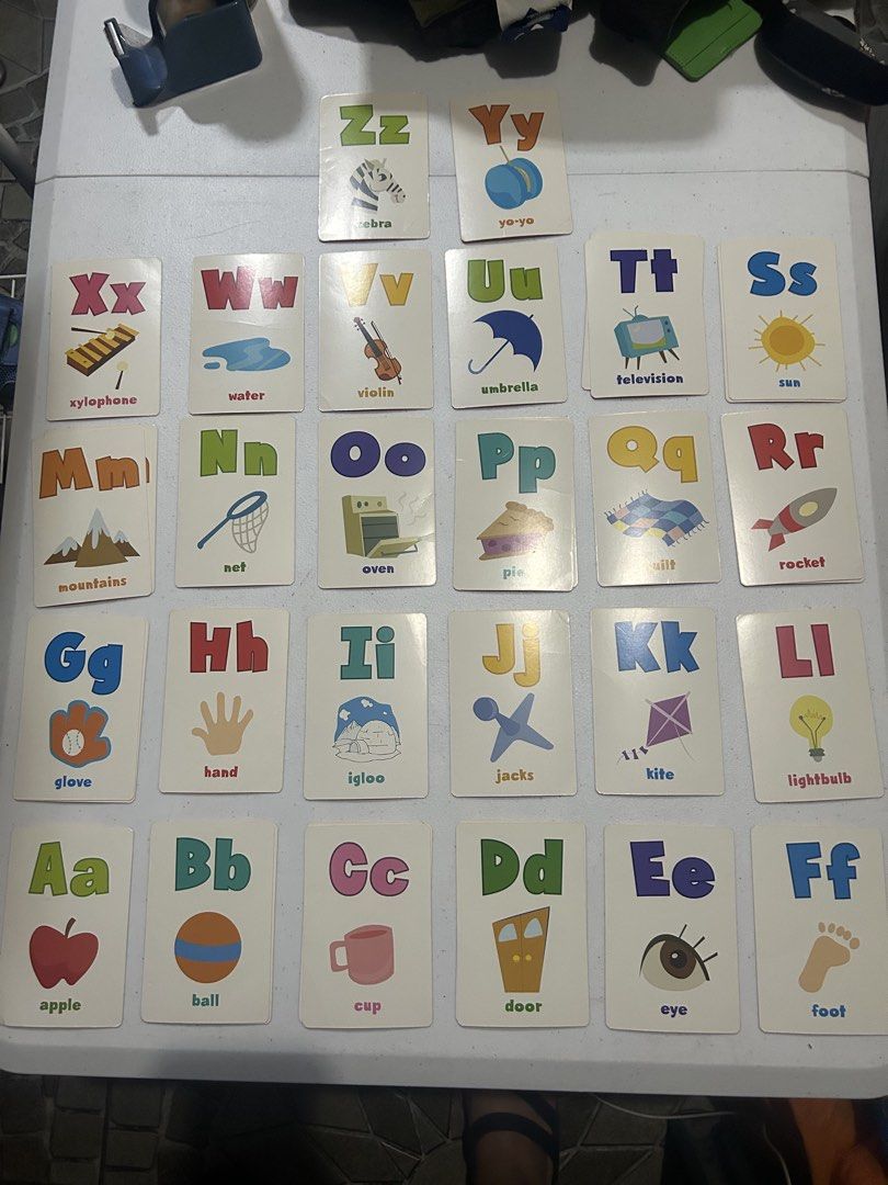 Playskool Alphabet Flash Cards (Category: Educational & Learning Toys) located in Paranaque City. Submitted by allthatclutterph (Listing ID 1433932287, Image 1). Description: - Playskool Alphabet Flash Cards - Features letters A to Z. - Some letters have extra cards like B - Includes corresponding pictures for each letter. - Each card has a letter, a word, and an image. - Designed for educational use. - Suitable for young children. - Colorful ill