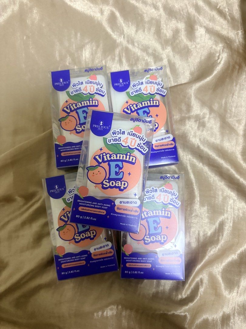 Precious Skin Vitamin E Soap from Thailand (Category: Bath) located in Valenzuela. Submitted by declutteringmaria (Listing ID 1433912462, Image 1). Description: ₱150 each! - Precious Skin Vitamin E Soap - Brightening and anti-aging benefits - 80g per bar - Made in Thailand - Helps achieve clear and smooth skin.