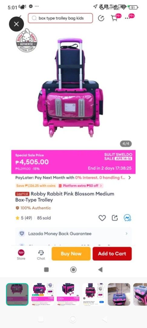 Robby Rabbit Pink Blossom Medium Box-Type Trolley (Category: Luggage) located in Taguig. Submitted by enriquedeleoniii (Listing ID 1433873974, Image 1). Description: - Robby Rabbit trolley bag set for kids - Features a pink blossom design - Includes: - Trolley bag with multiple compartments, wheels, and cover - Matching lunch bag - Water bottle - Also available: Kuromi bracket case for Xiaomi Pad 5/5 Pro, Pad 6/6 Pro, and Redmi Pad SE 11".