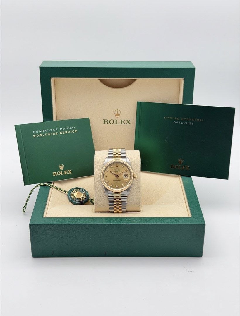Rolex Datejust 36mm Champagne Diamond Dial (Category: Luxury Watches) located in Manila. Submitted by timelesseleganceph (Listing ID 1433835059, Image 2). Description: Rolex Datejust 36mm Champagne Diamond Dial Reference 16233 Size 36mm Dated Circa 1990 E Series 18k YG Fluted Bezel in Champagne Diamond Dial on Jubilee Bracelet Comes with Watch & Box.