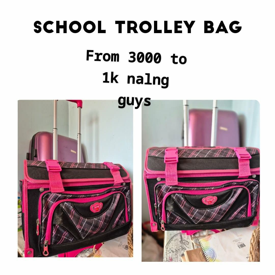School Trolley Bag (Category: Babies & Kids Fashion) located in Minglanilla. Submitted by thefrugalme (Listing ID 1433921418, Image 1). Description: - Black and pink plaid school trolley bag - Retractable handle - Multiple compartments for storage - Pink accent color - Originally ₱3000, now selling for ₱1000!.