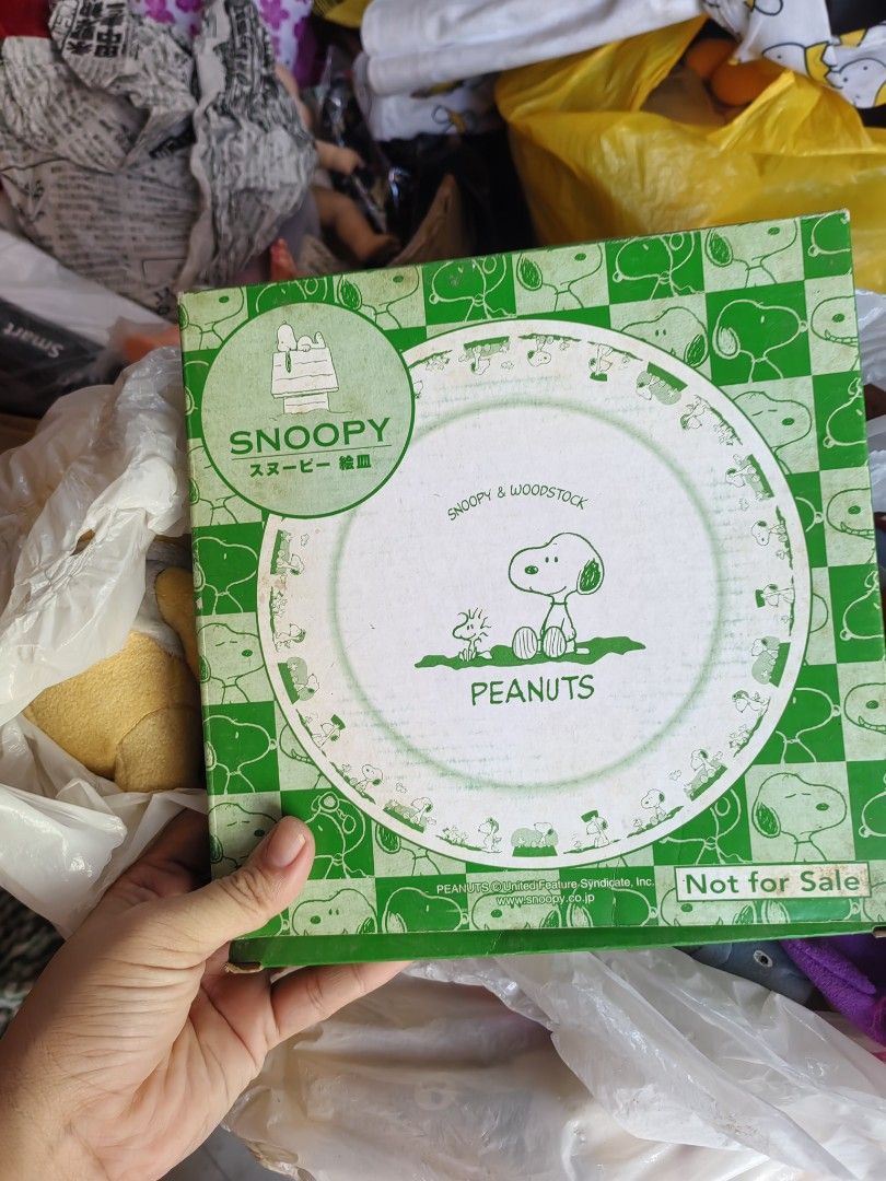 Snoopy & Woodstock Plate (Category: Dinnerware & Cutlery) located in Manila. Submitted by zaekim1380 (Listing ID 1433784141, Image 1). Description: - Snoopy and Woodstock plate - Features Snoopy and Woodstock design - White base with Snoopy character border - Includes the word 'PEANUTS' - Comes with original green box - Box features checkerboard pattern and Snoopy logo - Box states 'Not for Sale'.