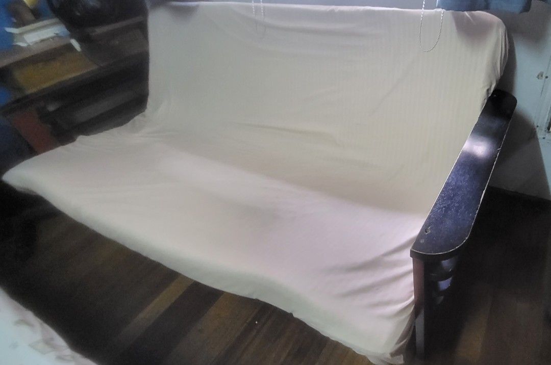 SOFA BED Uratex Fullsize standard length (Category: Sofas) located in Quezon City. Submitted by abby.leo (Listing ID 1433820509, Image 2). Description: Metal frame, no rust, easily convertible sofa bed. 4ft x 7ft size as sofa. Fullsize bed when laid flat. Wood arm has scratches, but otherwise all good. 3" uratex foam, with 2 free zippered sofa covers included. Price: slightly negotiable 😊 RFS: Our room needs more closet space. And we rarely need