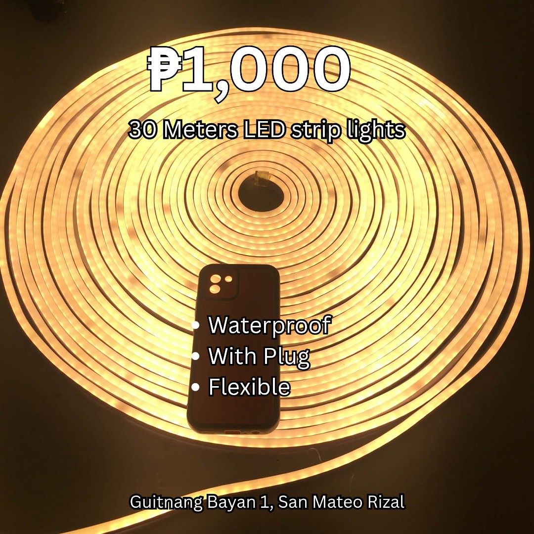 30 meters LED strip Lights with plug waterproof. (Category: Lighting) located in Manila. Submitted by gene.lugar (Listing ID 1434020954, Image 1). Description: 30 METERS HEAVY DUTY LED STRIP LIGHTS (Warm White) Pang-malakang dekorasyon ba ang hanap mo? Perfect ito sa bahay, garden, o business establishment! Sobrang haba na, plug-and-play pa. 💰 PRICE: ₱1,000 ONLY! 📍 LOCATION: Mars St., Guitnang Bayan 1, San Mateo, Rizal ✨ PRODUCT FEATURES: LENGT