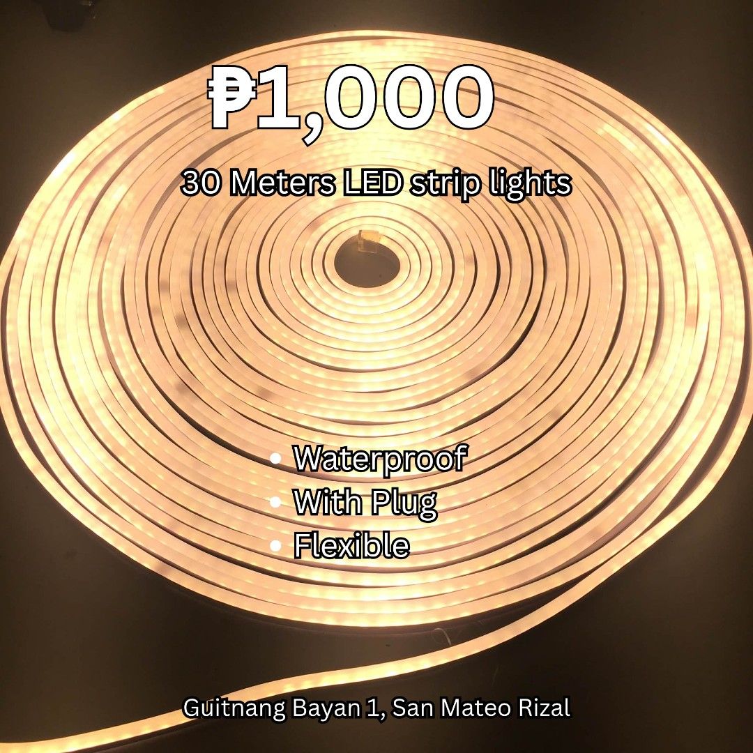 30 meters LED strip Lights with plug waterproof. (Category: Lighting) located in Manila. Submitted by gene.lugar (Listing ID 1434020954, Image 2). Description: 30 METERS HEAVY DUTY LED STRIP LIGHTS (Warm White) Pang-malakang dekorasyon ba ang hanap mo? Perfect ito sa bahay, garden, o business establishment! Sobrang haba na, plug-and-play pa. 💰 PRICE: ₱1,000 ONLY! 📍 LOCATION: Mars St., Guitnang Bayan 1, San Mateo, Rizal ✨ PRODUCT FEATURES: LENGT