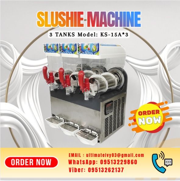 3 TANKS Slush Machine , Slushy Machine (Category: Everything Else Others) located in Caloocan City. Submitted by casesarian62993 (Listing ID 1433999764, Image 1). Description: Model: KS-15A×3 Capacity: 15 liter×3 Compressor: Cubigel R134a Voltage: 220V-240V/110V-120V 50HZ/60HZ Power:800W Temperature: -2~-3℃ Size (Shape/package): 60*56*76cm/72*66*91cm Weight(Net/Gross): 68kg/83Kg 📝: Price subject may change without prior notice. 📝: Supply patter