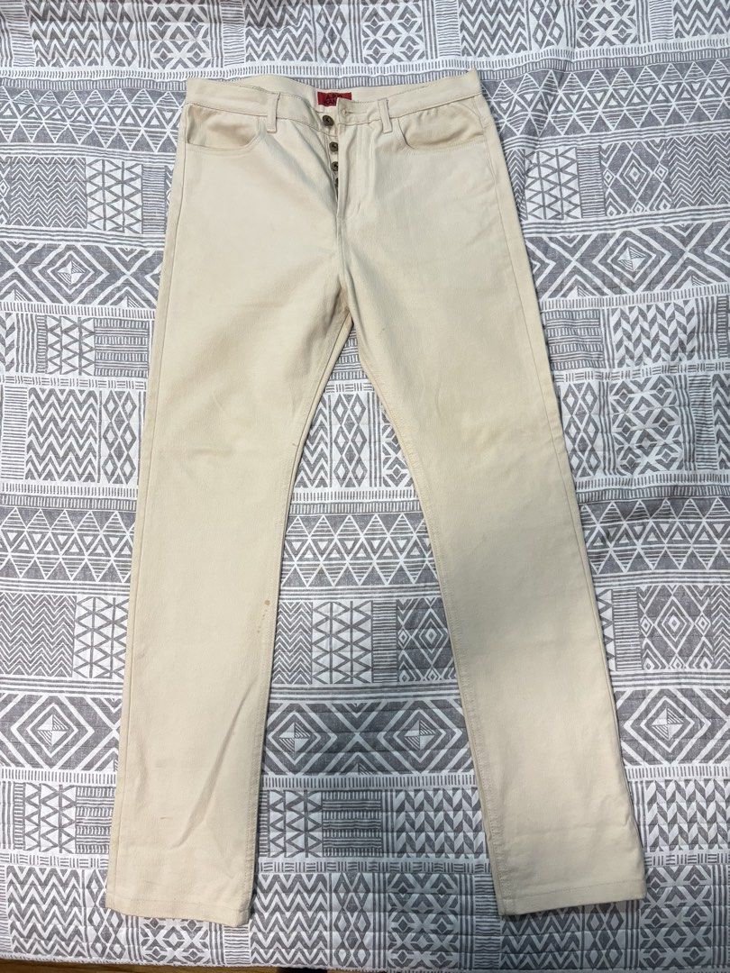A.P.C. Kanye Jeans - Size 30 (Category: Jeans) located in Marikina City. Submitted by surity99 (Listing ID 1434052669, Image 1). Description: - A.P.C. Kanye Jeans - Color: Cream - Size: 30 - Fit: Straight leg - Features: Button fly - Material: Cotton/Polyurethane blend - Care: Hand wash only Waist 15.5 in Rise 12 in Inseam 31 in Hem width 7.1 in.