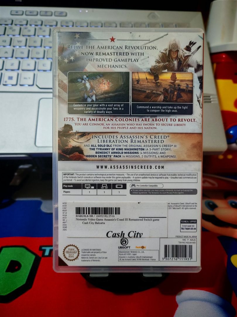 ASSASINS CREED III REMASTERED SWITCH (Category: Nintendo) located in Santa Rosa. Submitted by tristanmunoz (Listing ID 1434132304, Image 2). Description: FOR SALE!!! Php 900 ASSASINS CREED III REMASTERED SWITCH WITH SOLO DLC AND AC LIBERATION REMASTERED UBISOFT R2 CIB 100% Authentic Tested working / Good as new condition Can do video calls Warranty: 24 hours testing warranty, will do change/return if item are proven damaged (will be void if defec