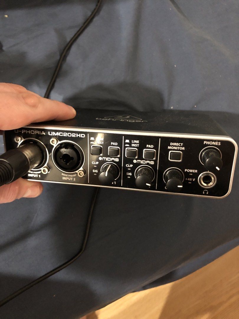 Behringer Microphone Audio Interface (Category: Other Audio Equipment) located in Kuala Lumpur. Submitted by maxluis (Listing ID 1434136016, Image 2). Description: - Behringer UMC202HD audio interface and TM1 microphone set. - Includes: UMC202HD audio interface (2 inputs), TM1 large-diaphragm condenser microphone, pop filter, and shock mount. - Audio interface features gain controls and monitoring options. - Ideal for home recording and content c