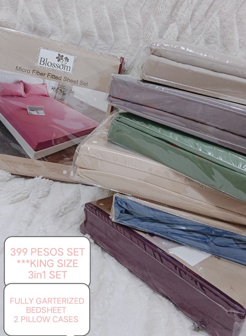 Blossom Micro Fiber King Size Bed Sheet Set (Category: Bedding & Towels) located in Manila. Submitted by masterlei (Listing ID 1434120602, Image 1). Description: - King size 3-in-1 bedsheet set - Brand: Blossom - Includes: Garterized bedsheet and 2 pillowcases - Available Colors: Various - Price: ₱399 per set - Material: Microfiber.