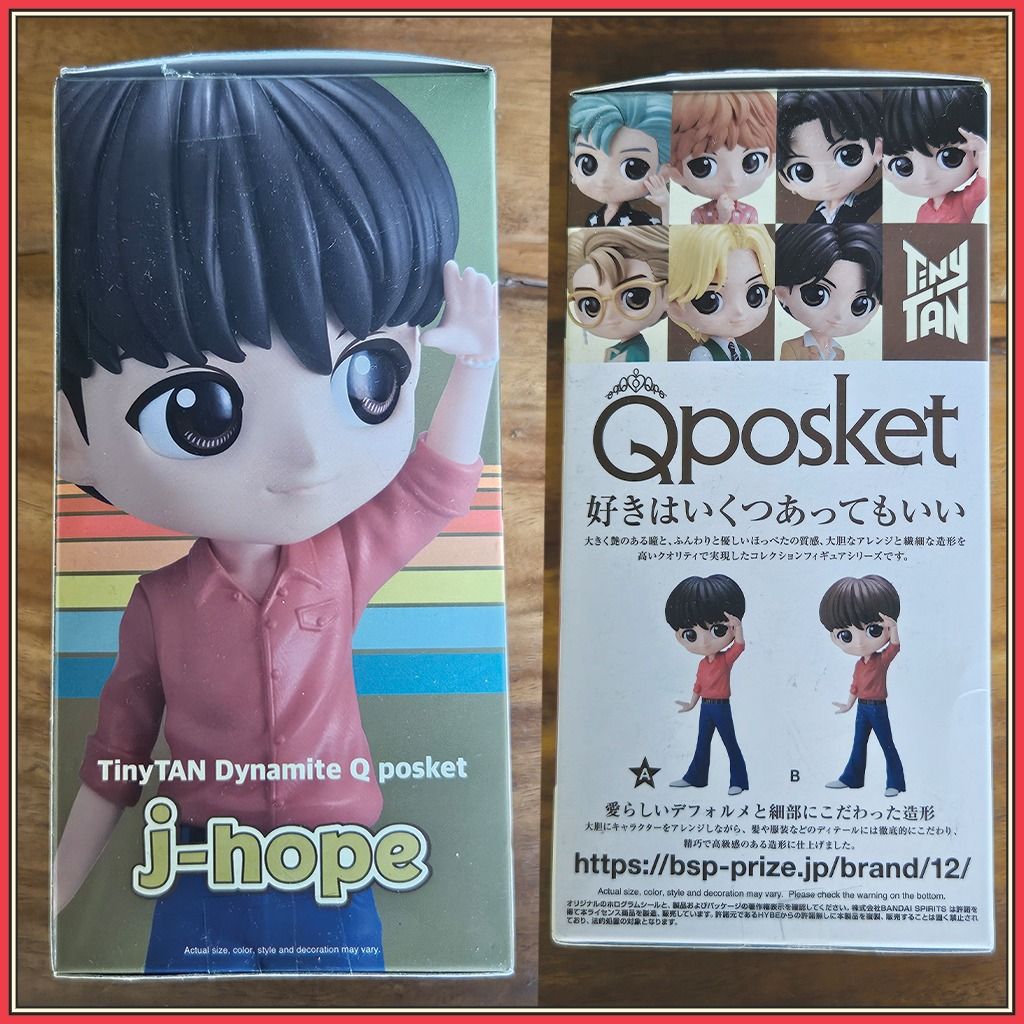 BTS Dynamite TinyTAN Q Posket Figure (J-Hope) (unsealed) (Category: Designer & Blind Box Toys) located in Cainta. Submitted by hyosellsstuff (Listing ID 1434031718, Image 3). Description: Selling my QPosket JHope display figure~ ☆ Displayed for a year before placing it back in the box and into my cabinet ☆ JHope figure itself is in great condition! Apart from how dusty it is- (14 cm tall) ☆ Box is pretty dusty, has some dirt marks, as well as sli