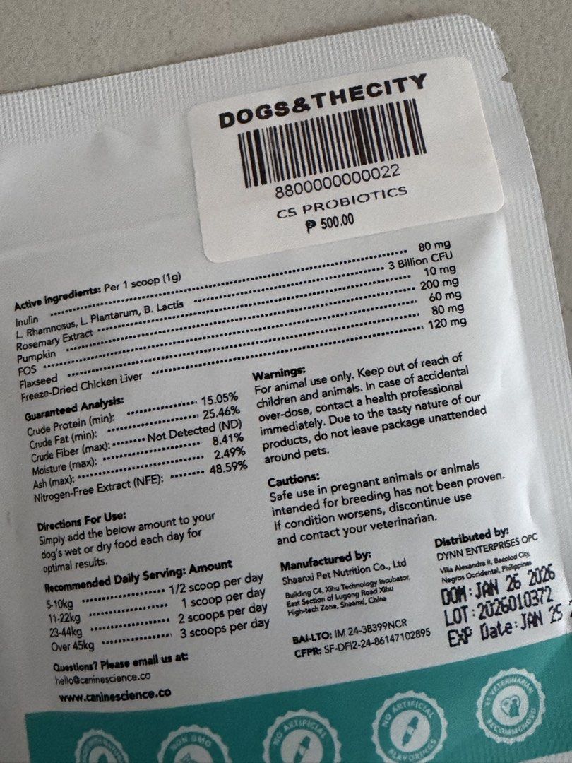 Canine Science Probiotics Meal Topper for Dogs (Category: Homes & Other Pet Accessories) located in Quezon City. Submitted by nikay15 (Listing ID 1434026821, Image 2). Description: Canine Science Probiotics Meal Topper for Dogs. Each pouch contains 30 servings. The product is formulated to help improve gut health and achieve digestive balance. Active ingredients include Inulin, L. Rhamnosus, L. Plantarum, B. Lactis, Rosemary Extract, Pumpkin, Fla