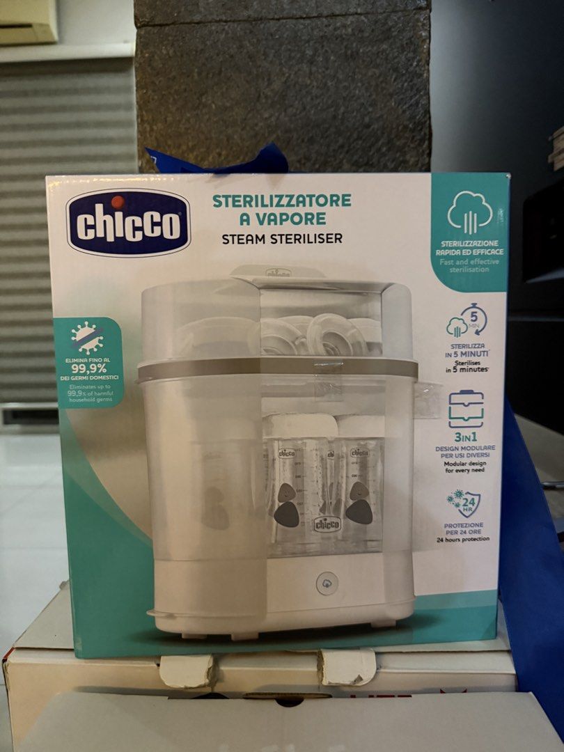 Chicco 3 in 1 Steam Sterilizer (Category: Breastfeeding & Bottle Feeding) located in Manila. Submitted by vydeleon (Listing ID 1434114058, Image 1). Description: Gifted, never opened. - Sterilizes in just 5 minutes - 3-in-1 modular design for versatile use - Provides 24-hour protection - Eliminates up to 99.9% of household germs - Fast and effective sterilization.
