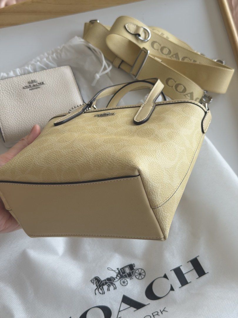 Coach Mini Tote Bag with Strap Butter Yellow (Category: Luxury Bags & Wallets) located in Quezon City. Submitted by kookminluv (Listing ID 1433997014, Image 3). Description: 🤍 used 2-3x only, good as new 🤍 guaranteed authentic, personally bought from Coach Mitsui Outlet in Japan in June 2025 for around ₱10k. used there in Japan only 🤍 with dust bag, paper bag. can provide the receipt if you'll also get the wallet which i got sabay same transac