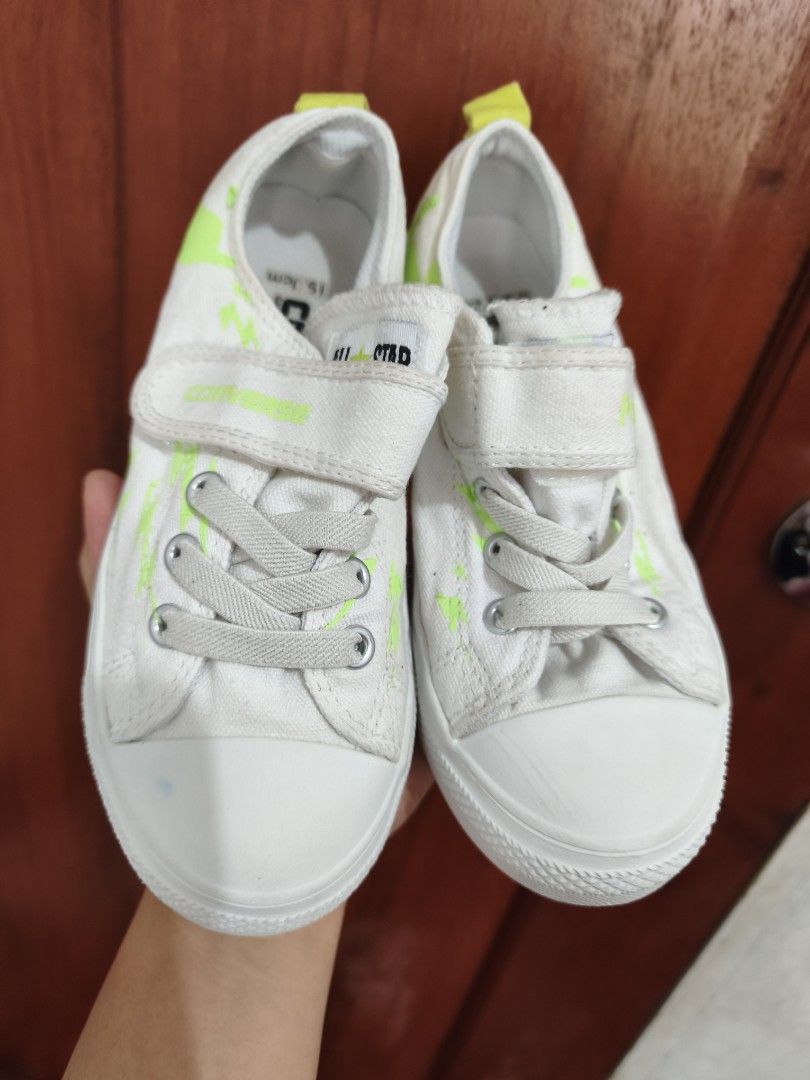 Converse All Star Pokemon Sneakers (Category: Babies & Kids Fashion) located in Batac City. Submitted by cletzdeclutter (Listing ID 1434083735, Image 2). Description: - White Converse All Star x Pokemon Sneakers - Velcro strap - Neon green accents - Pikachu insoles - White soles with Converse All Star logo - Size: US 12.5, EUR 19.5 - Needs cleaning Refer to photos for the item's condition Please manage expectations when buying preloved items. Baw