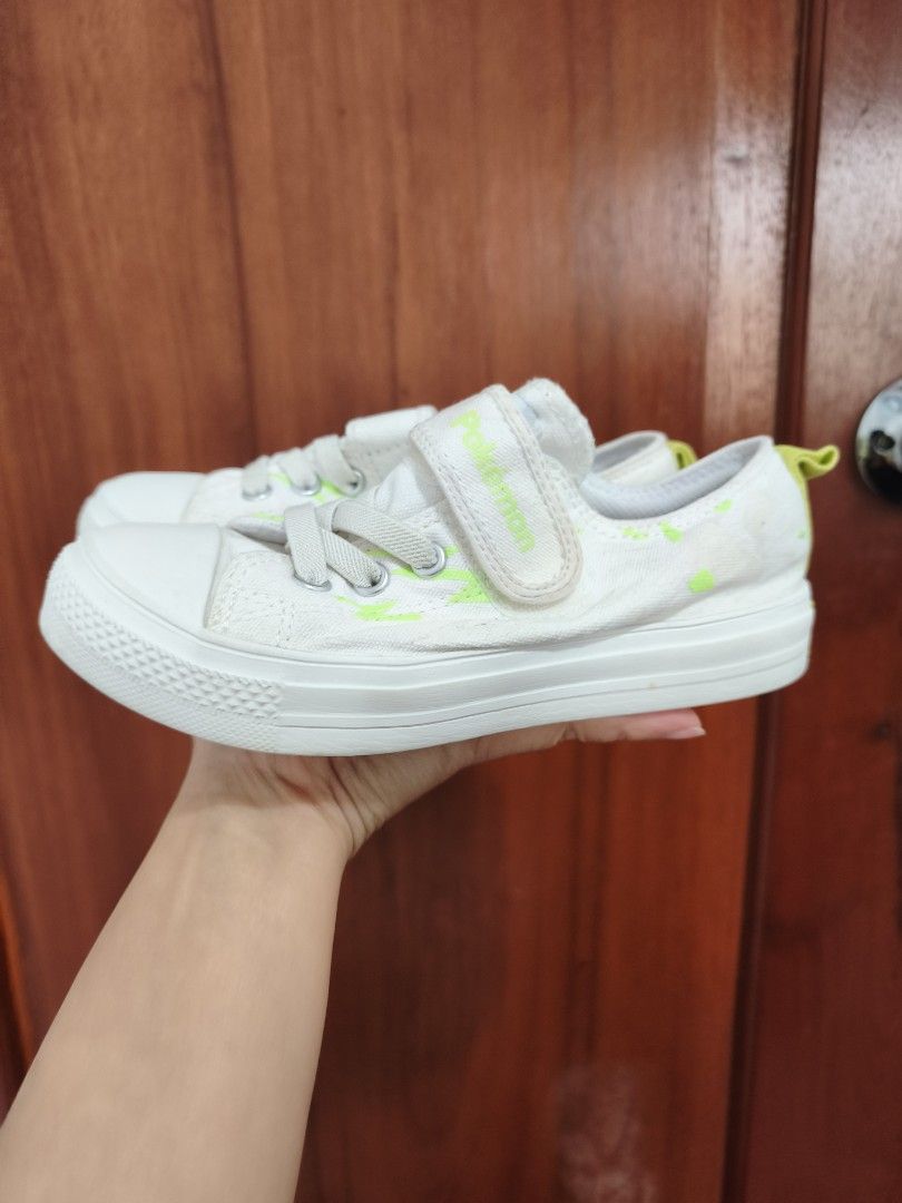 Converse All Star Pokemon Sneakers (Category: Babies & Kids Fashion) located in Batac City. Submitted by cletzdeclutter (Listing ID 1434083735, Image 3). Description: - White Converse All Star x Pokemon Sneakers - Velcro strap - Neon green accents - Pikachu insoles - White soles with Converse All Star logo - Size: US 12.5, EUR 19.5 - Needs cleaning Refer to photos for the item's condition Please manage expectations when buying preloved items. Baw