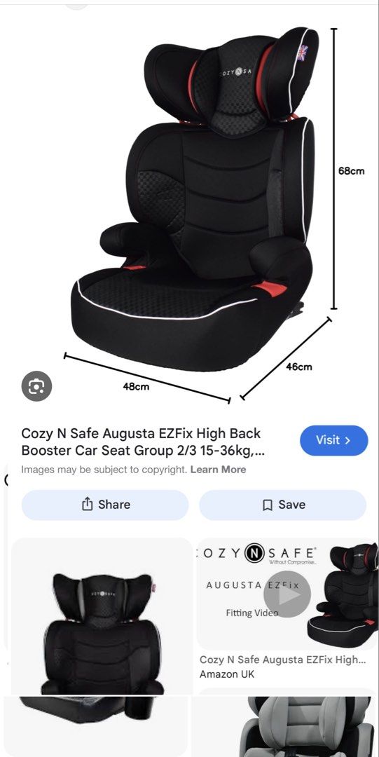 Cozy N Safe Augusta EZFix Car Seat (Category: Car Seats) located in Makati City. Submitted by divsp (Listing ID 1434024257, Image 1). Description: 🚗 Cozy N Safe Augusta EZ Fix Car Seat – ₱2,800 Bought for ₱4,500, now letting go for a very sulit price ✨ Ideal for toddlers/young kids (forward-facing). Suitable for 15–36kg ✔️ ISOFIX compatible (EZ Fix) ✔️ Sturdy and safe ✔️ Comfortable for everyday use ✔️ Fully functional ⚠️ With signs of usage and