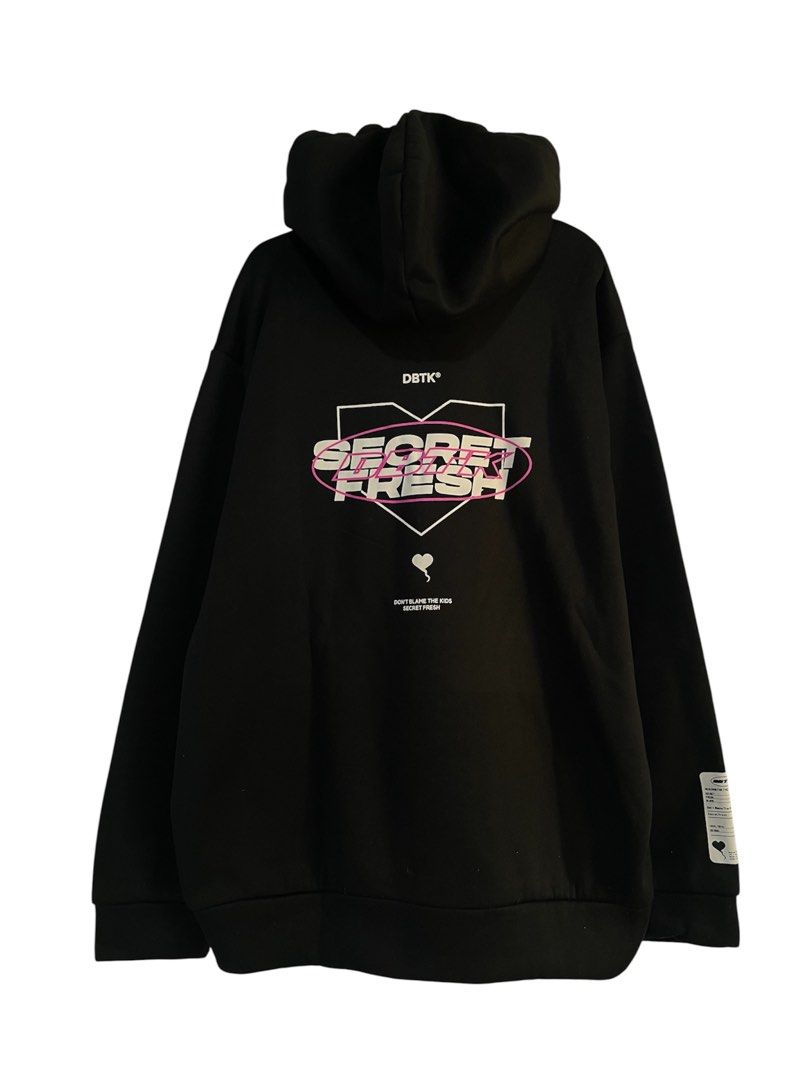 DBTK X Secret Fresh Hoodie (Category: Hoodies) located in Manila. Submitted by commonselection (Listing ID 1434088256, Image 2). Description: DBTK x Secret Fresh Black Size: XL 29 x25 With minimal lints No crack prints Rfs: Decluttering.