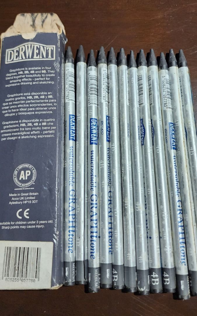 Derwent Water Soluble Graphitone 4B 12pcs (Category: Craft Supplies & Tools) located in Baguio. Submitted by coffeesilvershadow_28 (Listing ID 1434018065, Image 2). Description: - From padala box, ngarag lang box po as seen in the picture- pero still in good condition. Buy as is tayo dito - 12 pieces, made in Great Britain. - Baguio City dropping - Jnt shipping- payment first plus sf before shipping.