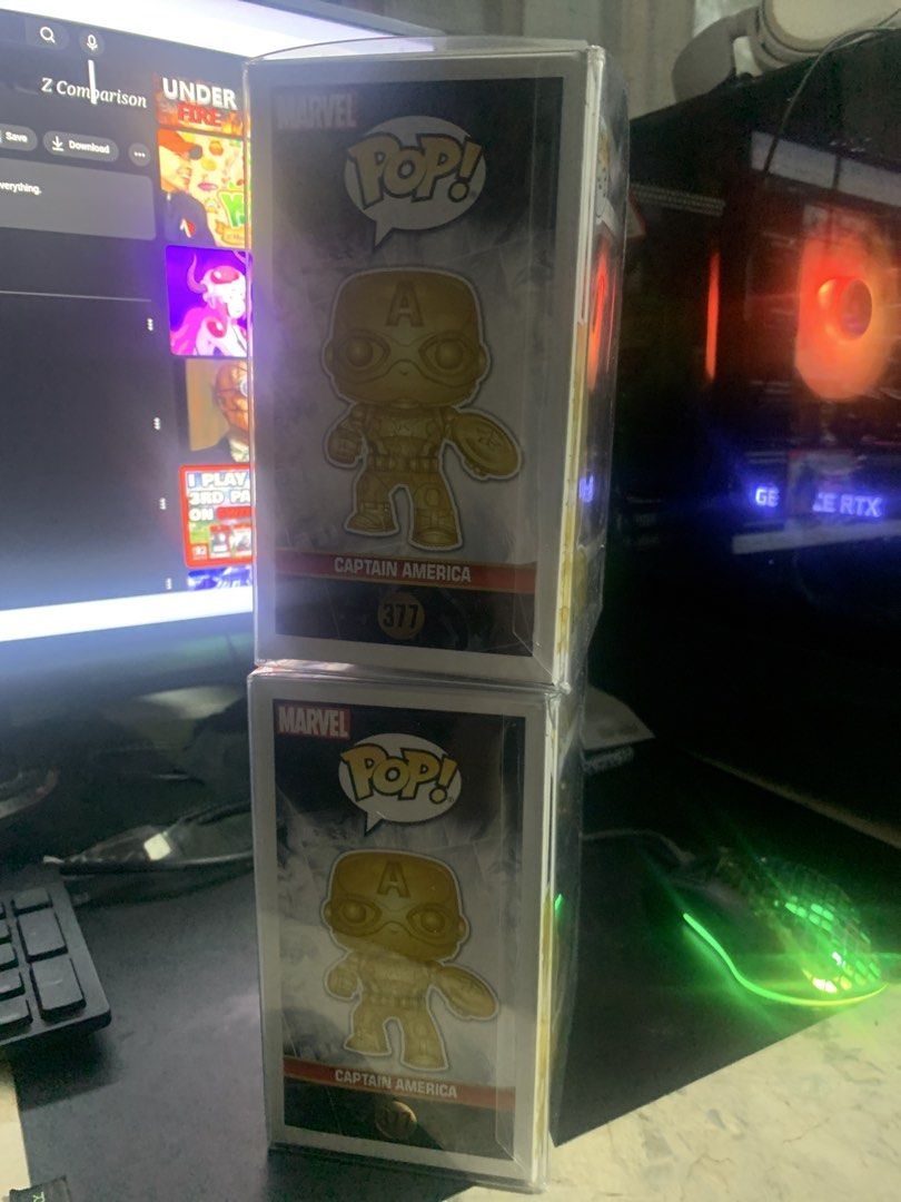 Funko Pop! Marvel Studios Captain America #377 GOLD (Category: Figurines & Statues) located in Manila. Submitted by robertzombie (Listing ID 1434079181, Image 2). Description: - Funko Pop! Captain America (Gold) figure. - Marvel Studios collectible. - Number 377 in the Pop! series. - Gold-colored figure. - Comes in original packaging. - Box features Marvel and Pop! logos. - Box back shows other figures. 09153896941 e4.