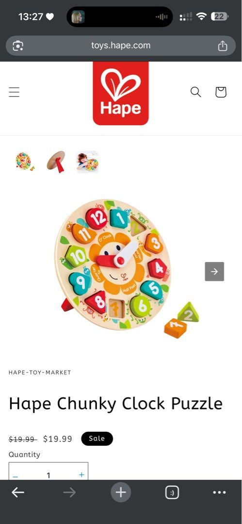 Hape Chunky Clock (Category: Clocks) located in Pasay City. Submitted by sette75 (Listing ID 1434023691, Image 3). Description: Wood po sya. Comple mte my 2 arms. Good as new wala lang box. .