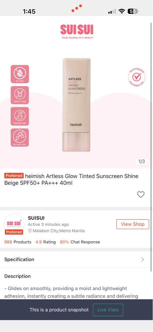 Heimish tinted sunscreen SPF50 PA++ 70% full (Category: Face Care) located in Cabanatuan. Submitted by pixiecollections (Listing ID 1434025402, Image 1). Description: Heimish tinted sunscreen SPF50 PA++ used 30% Free shipping within Cabanatuan With subtle glow! Perfect for dry skin.