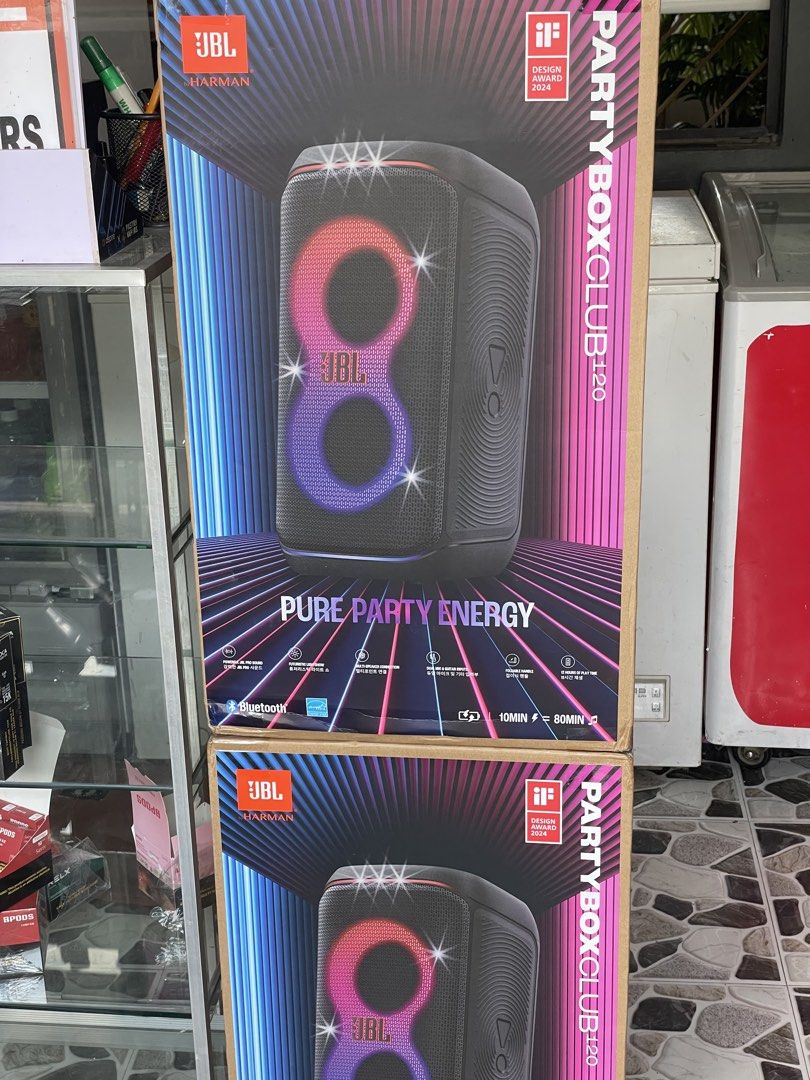 JBL PartyBox Club 120 Speaker (Category: Soundbars, Speakers & Amplifiers) located in Cavite. Submitted by calmxxx22 (Listing ID 1434034023, Image 1). Description: - JBL PartyBox Club 120: Your ultimate party speaker! - Bluetooth connectivity for easy music streaming. - Features a dynamic light show. - iF Design Award 2024 winner. - Quick charging: 10 minutes charge = 80 minutes playtime. - Perfect for any gathering!.