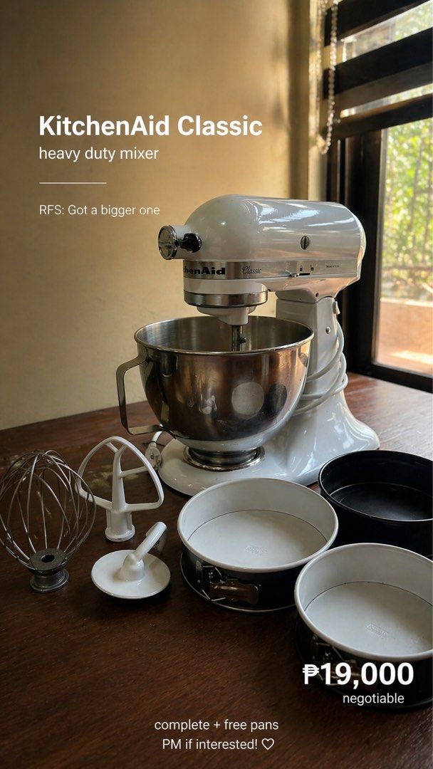 KitchenAid Classic Heavy Duty Mixer (Category: Hand & Stand Mixers) located in Caloocan City. Submitted by kcaclaricia-78136 (Listing ID 1434042922, Image 1). Description: KitchenAid Stand Mixer Classic 5K45SS (275W) – Baking Mixer / Dough Mixer / Cake Mixer + FREE Cheesecake Pans Selling my original KitchenAid Classic Stand Mixer — perfect for baking, cakes, bread, dough, negosyo, home baking setup. This is NOT the cheap handheld or plastic mixe