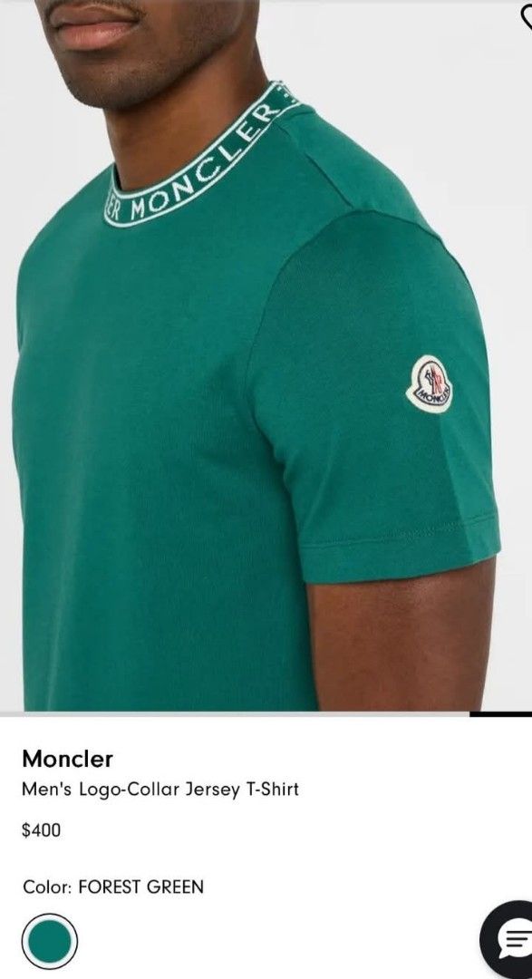 Moncler mens T-shirt (Category: Tshirts & Polo Shirts ) located in Manila. Submitted by mk_ukay (Listing ID 1434057385, Image 1). Description: - Authentic Moncler men's t-shirt - Color: Forest Green - Features a logo-collar design - Iconic Moncler logo patch on the sleeve - Classic crew neck and short sleeves - Includes brand tag with care instructions.