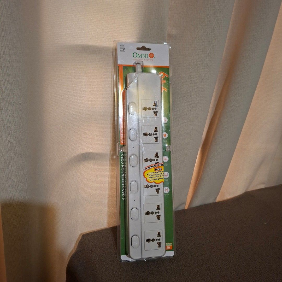 Omni 6 Gang Extension Cord (Category: Electrical, Adaptors & Sockets) located in Pasig City. Submitted by fast-ship (Listing ID 1434120652, Image 1). Description: - Omni 6-gang extension cord - Multiple universal outlets - Individual switches for each outlet - White color - Brand new, in original packaging.