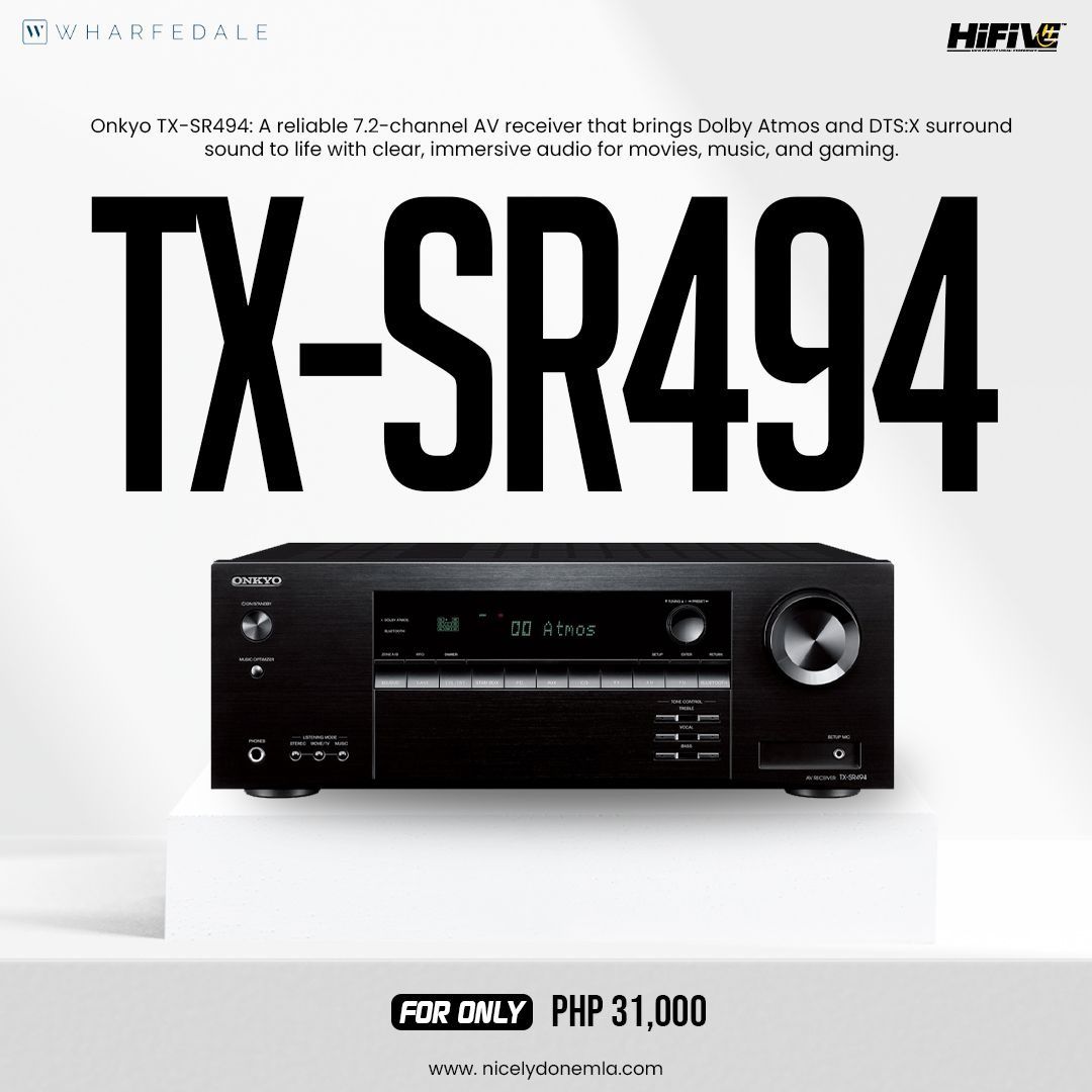 Onkyo TX-SR494 (Category: Soundbars, Speakers & Amplifiers) located in Quezon City. Submitted by hifivebynicelydone (Listing ID 1433992846, Image 1). Description: Upgrade your home theater with the Onkyo TX-SR494 7.2-channel AV receiver—built for powerful, immersive sound with Dolby Atmos and DTS:X. Perfect for movies, music, and gaming, delivering clear and dynamic audio in every scene. 🎯 Ready to elevate your setup? Message us now to inquire, 