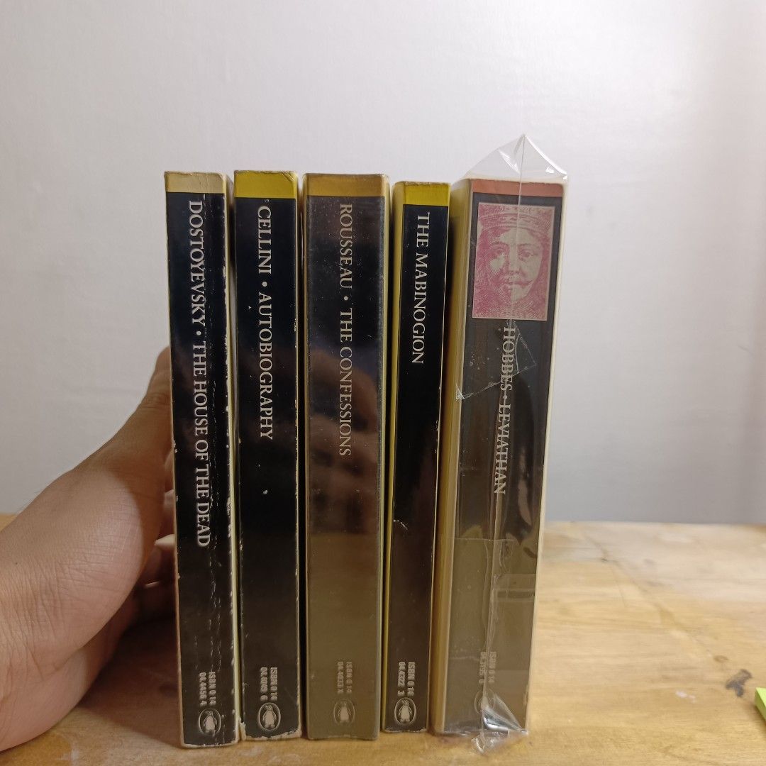 Penguin Classics Books Set (Category: Storybooks) located in Manila. Submitted by shelfenjoyment (Listing ID 1434110774, Image 3). Description: 249-449 each. Reserved: * Mabinogion * Autobiography * House of the Dead * Leviathan Set of Penguin Classics books. Includes "The House of the Dead", "Autobiography", "The Confessions", "The Mabinogion", and "Leviathan". Perfect for literature enthusiasts or those looking to expand their collection. Great