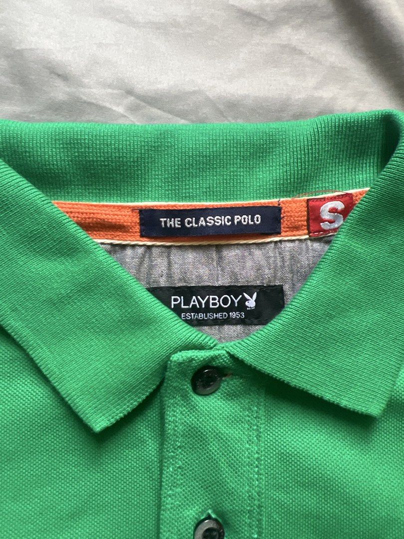 Playboy Classic Polo Shirt - Green (Category: Tshirts & Polo Shirts ) located in Taguig. Submitted by jaylimmmdc (Listing ID 1434044554, Image 3). Description: - Playboy Classic Polo Shirt - Size: S - Features the Playboy logo - Classic polo collar - Button-up placket - Tag reads: 'The Classic Polo'.