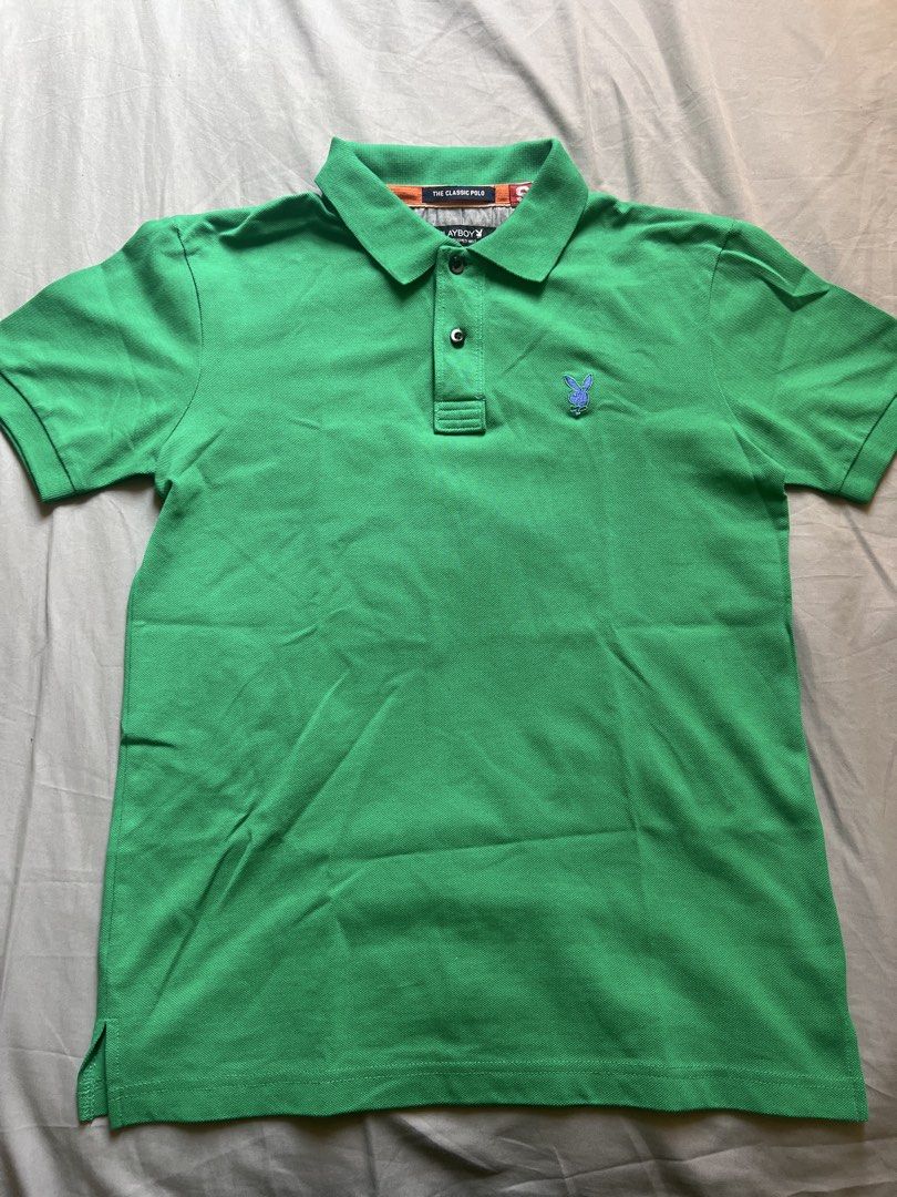 Playboy Classic Polo Shirt - Green (Category: Tshirts & Polo Shirts ) located in Taguig. Submitted by jaylimmmdc (Listing ID 1434044554, Image 1). Description: - Playboy Classic Polo Shirt - Size: S - Features the Playboy logo - Classic polo collar - Button-up placket - Tag reads: 'The Classic Polo'.