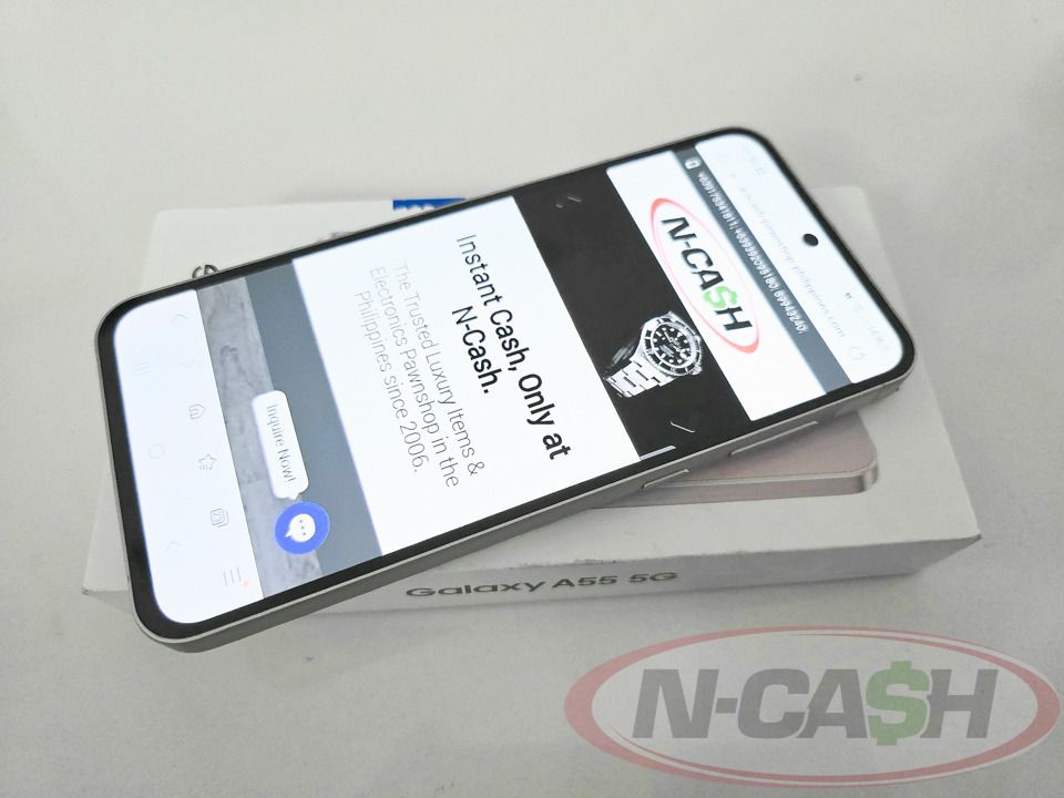 Samsung Galaxy A55 5G 256GB (Category: Samsung) located in Makati City. Submitted by luxury_by_ncash_2 (Listing ID 1434030088, Image 1). Description: N-Cash Pawnshop "Instant Cash for Bags, Watches, Cars, and Electronics" https://www.ncash-pawnshop-philippines.com/ Samsung Galaxy A55 5G 256GB SM-A556E/DS Lilac Local Samsung unit Dual Physical SIM. Openline 9.9 out of 10. Like new. Unit comes with Samsung cable, manuals, SIM tool, and original box