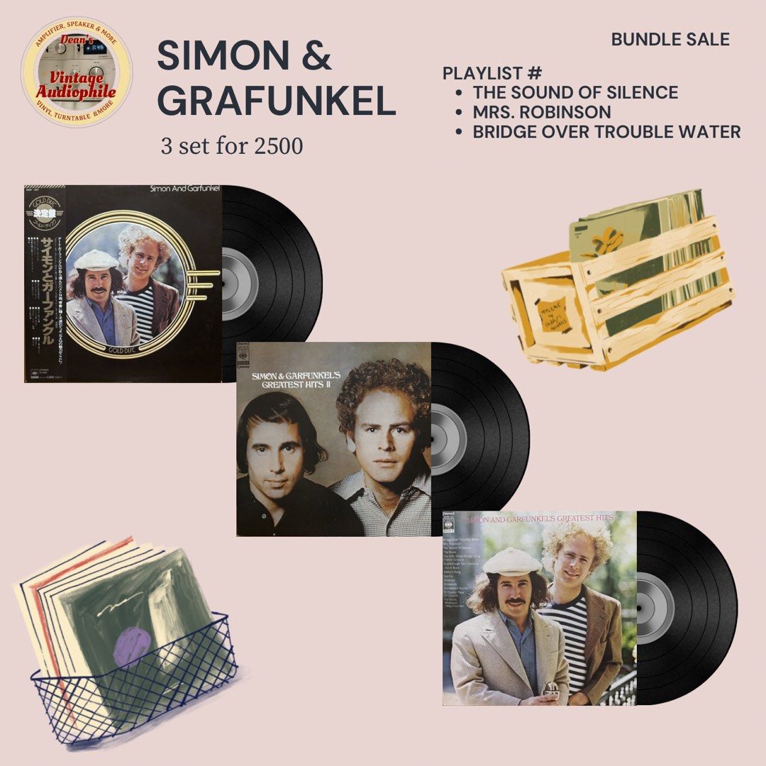 Simon & Garfunkel Bundle (Category: Vinyls) located in Antipolo. Submitted by deanaudioguy02 (Listing ID 1434113043, Image 1). Description: Simon & Garfunkel (Gold Disc) Japan Press Cover: VG++ Obi: 9/10 Vinyl: VG+ Price: 1000 Pesos Famous Songs * The Sound of Silence * Mrs. Robinson * Bridge Over Trouble Water Simon & Garfunkel (Greatest Hits) Japan Press Cover: VG++ Sleeve: VG+ media: VG+ Price: 1000 Pesos Famous Songs * The Sound of Silence * 