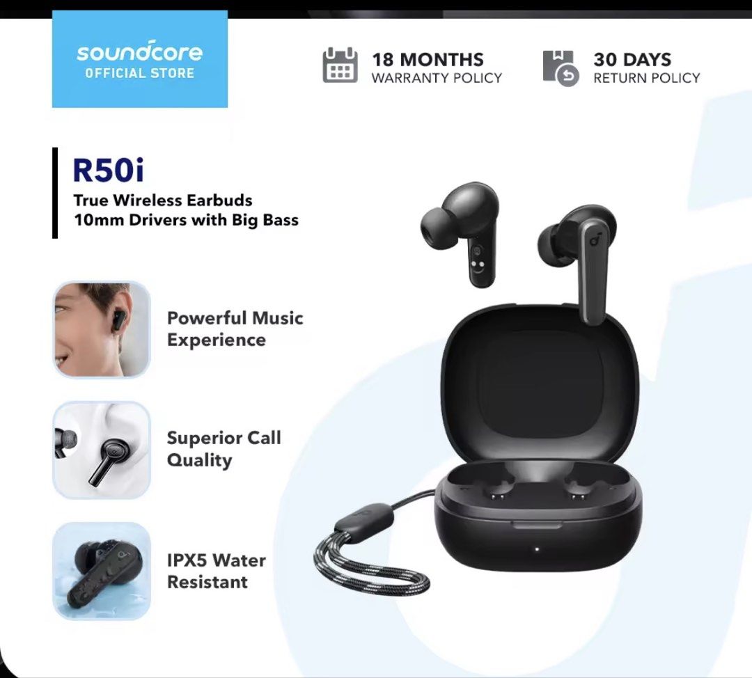 Soundcore R50i True Wireless Earbuds (Category: Earphones) located in Quezon City. Submitted by onthehanger_ph (Listing ID 1434089210, Image 1). Description: Soundcore R50i earbuds: Big bass, IPX5 water resistance, and superior call quality. Includes charging case, wrist strap Rfs - not using it much.