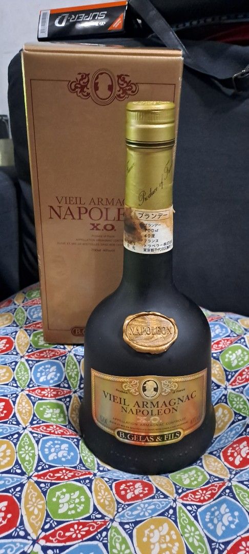 Vieil Armagnac Napoleon XO (Category: Beverages) located in Quezon City. Submitted by chrisconradbautista (Listing ID 1433990855, Image 2). Description: - Vieil Armagnac Napoleon XO - Brand: B. Gelas & Fils - Origin: France - Alcohol Content: 40% - Bottle: Black with gold label and seal - Includes original box.