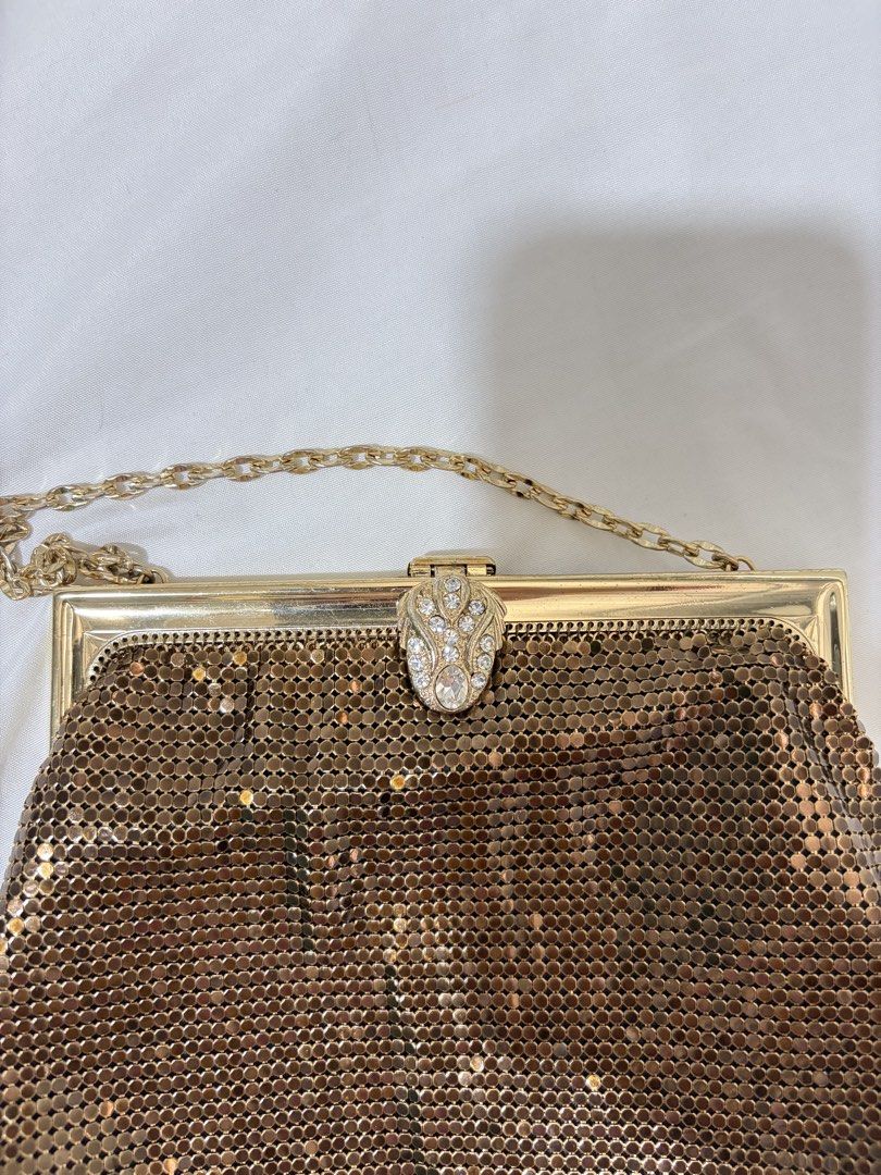 Whiting and Davis Vintage Sequin Evening Clutch Bag (Category: Purses & Pouches) located in Naga. Submitted by wardrobepass (Listing ID 1434038672, Image 3). Description: Elegant gold-toned mesh clutch featuring iconic snake clasp adorned with rhinestone details • Structured metal frame • Shimmering mesh body • Detachable/hidden gold chain strap • Ideal for formal occasions, parties, and weddings.