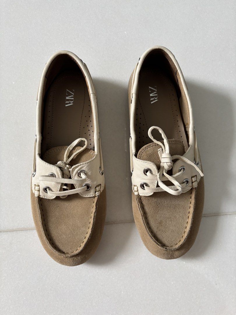 Zara Boat Shoes (Category: Loafers) located in Kuala Lumpur. Submitted by krys_10 (Listing ID 1434011470, Image 1). Description: - Zara boat shoes - Beige and cream colour, suede-like material - Size EUR 36 - Only worn once.